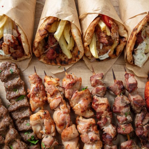 Greek,Street,Food,Variety,,Gyro,Sliced,Meat,Pita,Bread,Wrap,